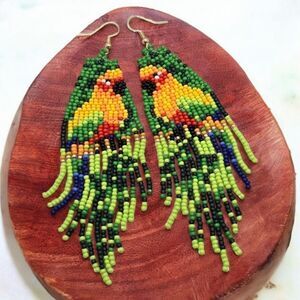 Yellow Sun Parrot Earrings Glass Bead Boho Dangle Tribal Jewelry Western Beaded